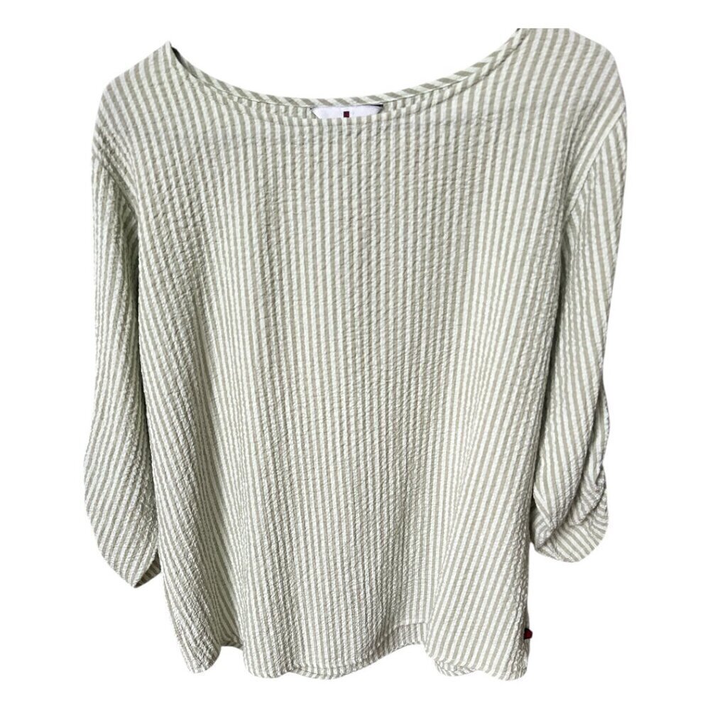 Vintage Woolrich Boho Crinkle Ruched Striped Tunic Bayleaf Green Top Size Medium